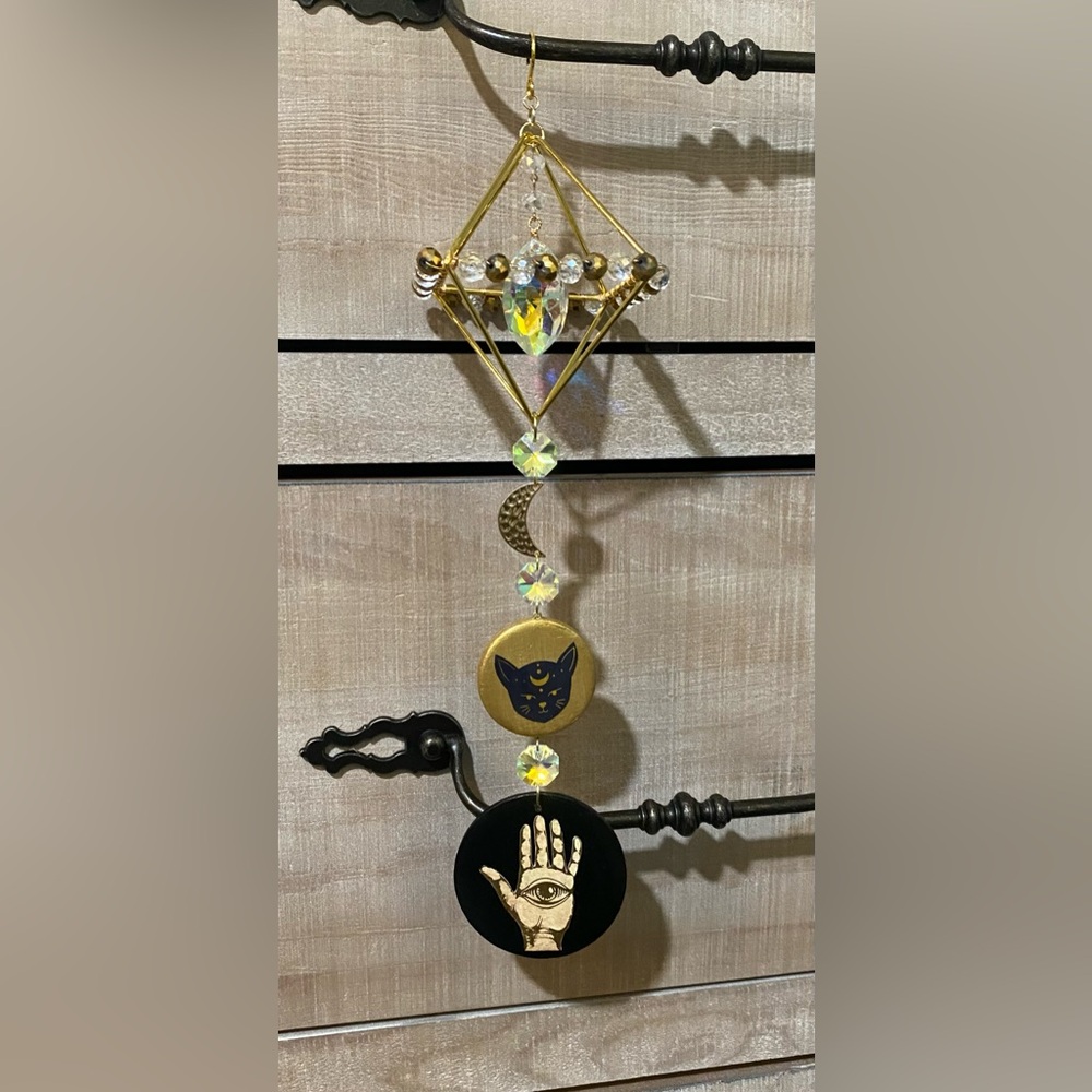 🪬Whimsigoth Hamsa Hand Cat Moon Suncatcher